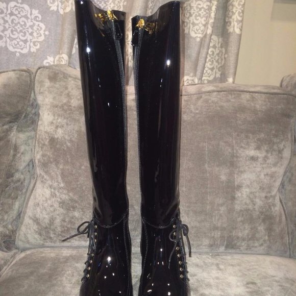 CHANEL 15A Patent Calf Leather Knee High Tall Lace Up Boots Shoes - Picture 12 of 16